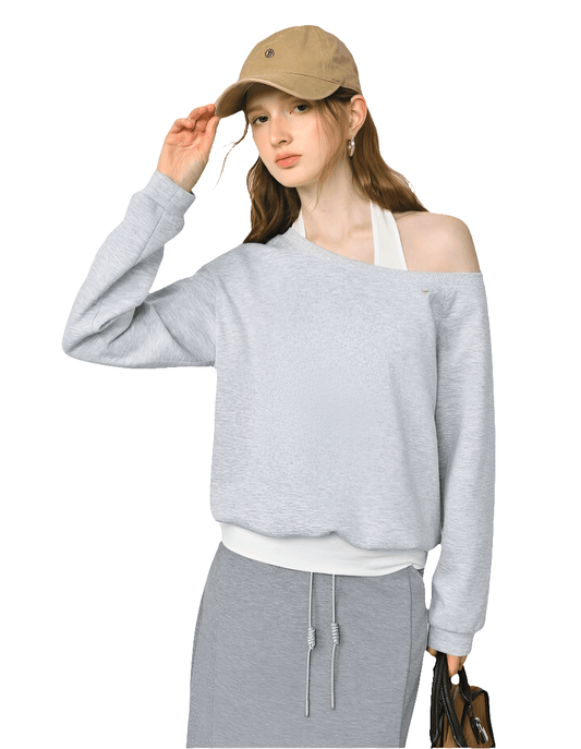 Sudadera Con Hombro Descubierto Falso Dos Piezas - MODA PAIXAO