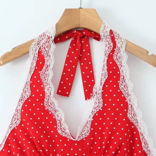 Vestido mini con estampado de lunares y encaje