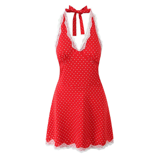 Vestido mini con estampado de lunares y encaje