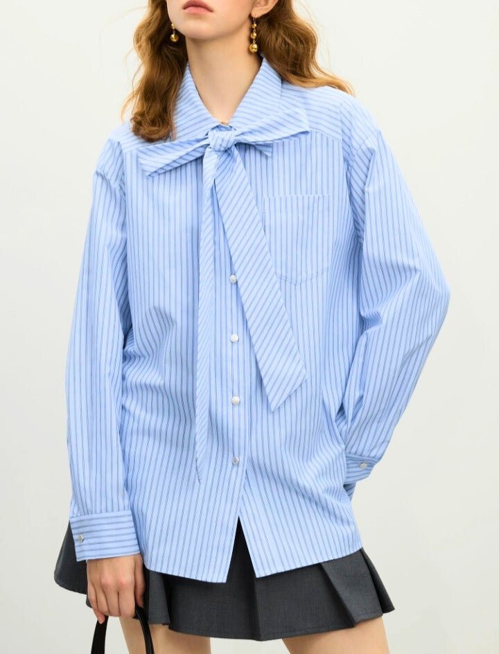 Camisa de manga larga con lazo francés y rayas para mujer