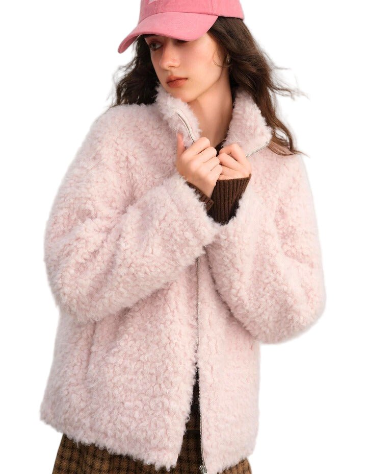 Chaqueta de Mujer en Terciopelo Rosa con Pelo Falso - MODA PAIXAO