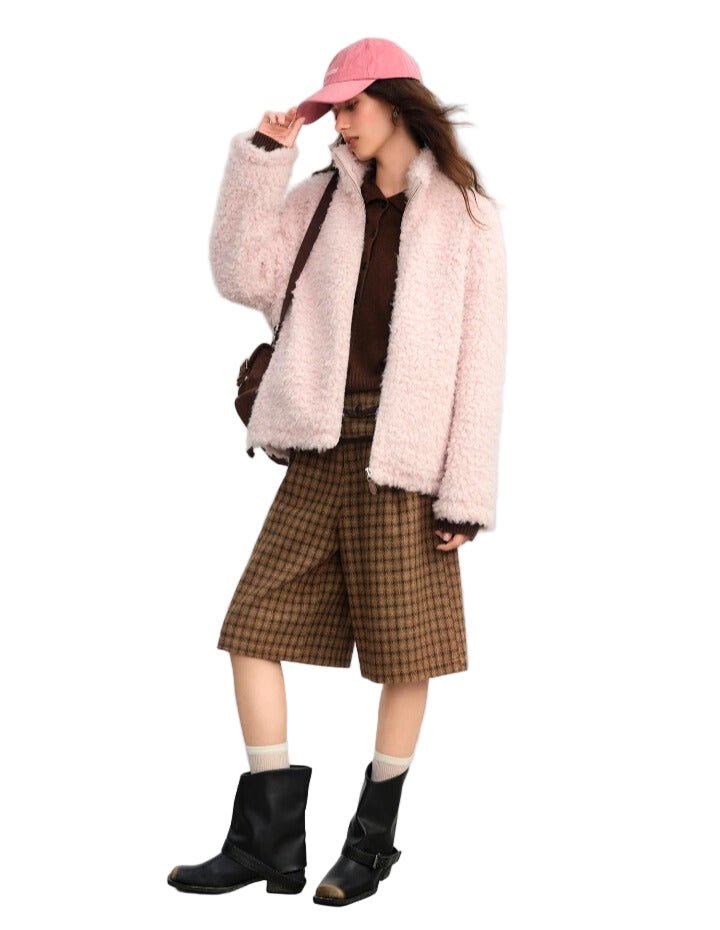 Chaqueta de Mujer en Terciopelo Rosa con Pelo Falso - MODA PAIXAO