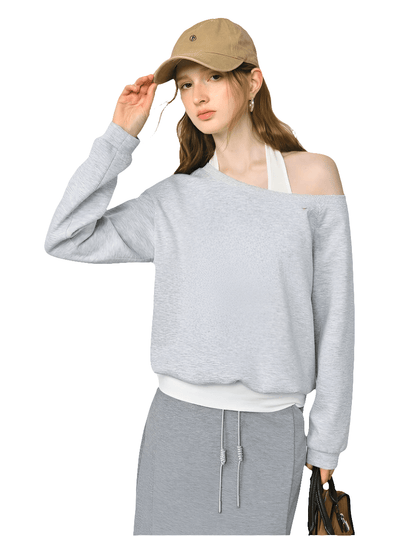 Sudadera Con Hombro Descubierto Falso Dos Piezas - MODA PAIXAO