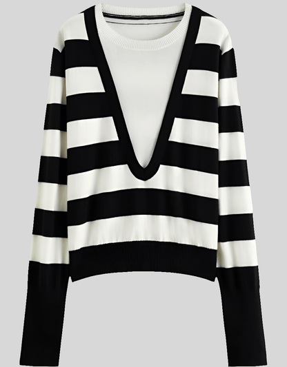 Sweater a rayas blanco y negro para mujer, estilo otoño